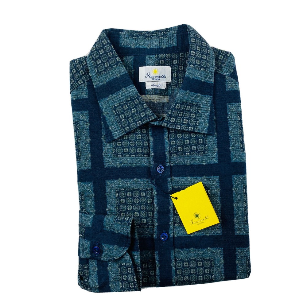 Giannetto Portofino Blue Patterned Checked Cotton Button Front Slim 16.5/42 NWT